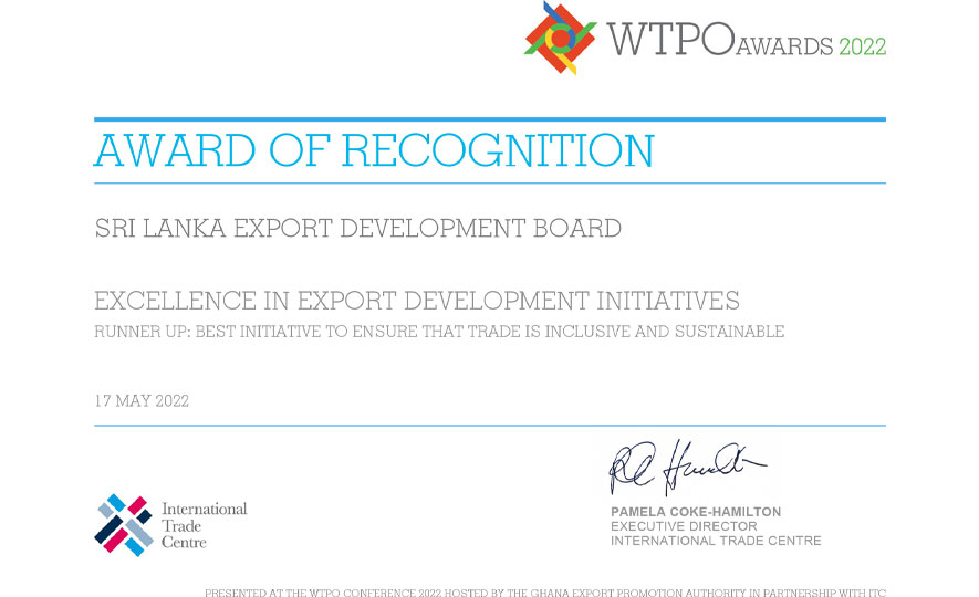 EDB awarded as the Runner-up at World Trade Promotion Awards 2022 for inclusive and sustainable trade