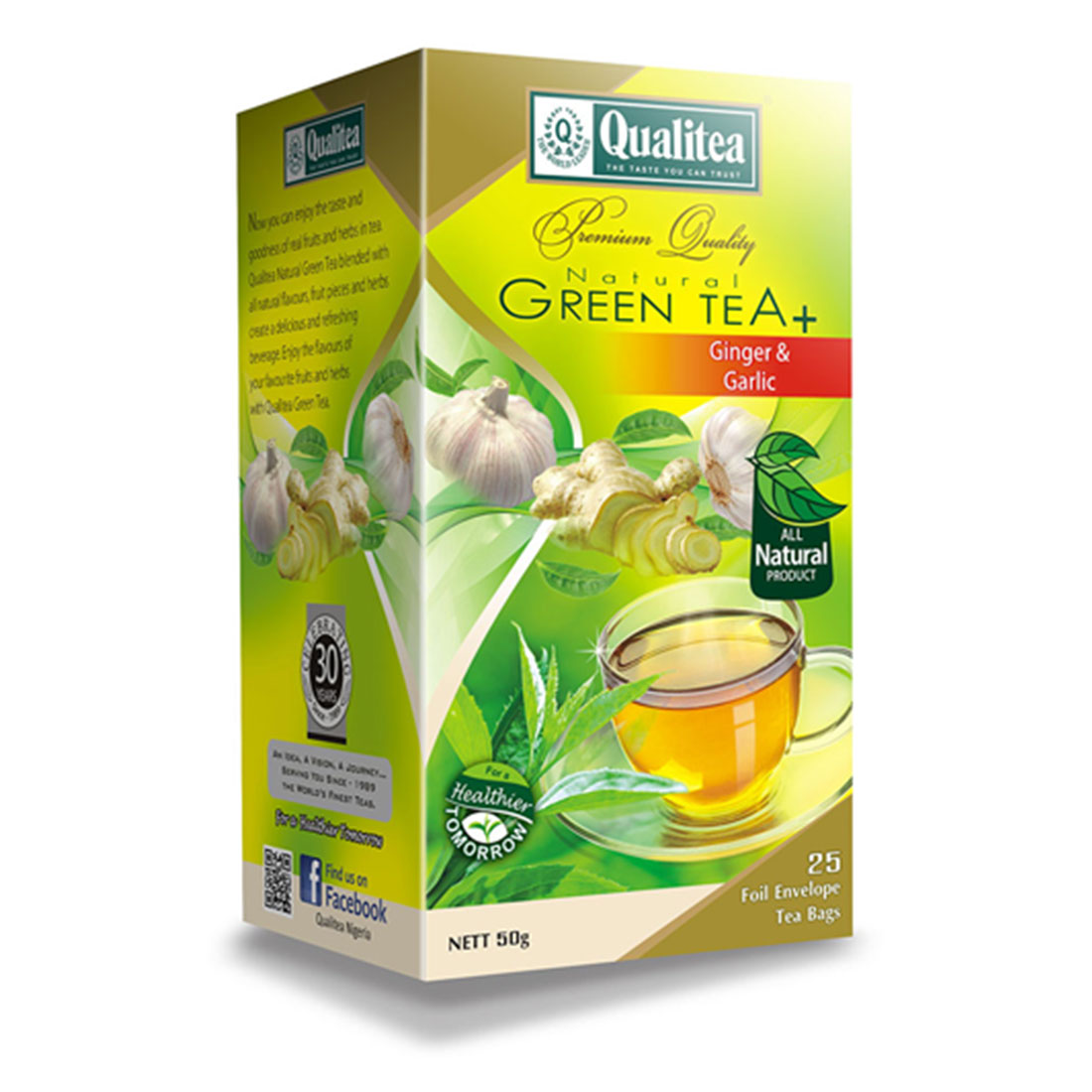 QUALITEA - All Natural Green Tea Ginger & Garlic Flavoured 25 Tea Bag Pack