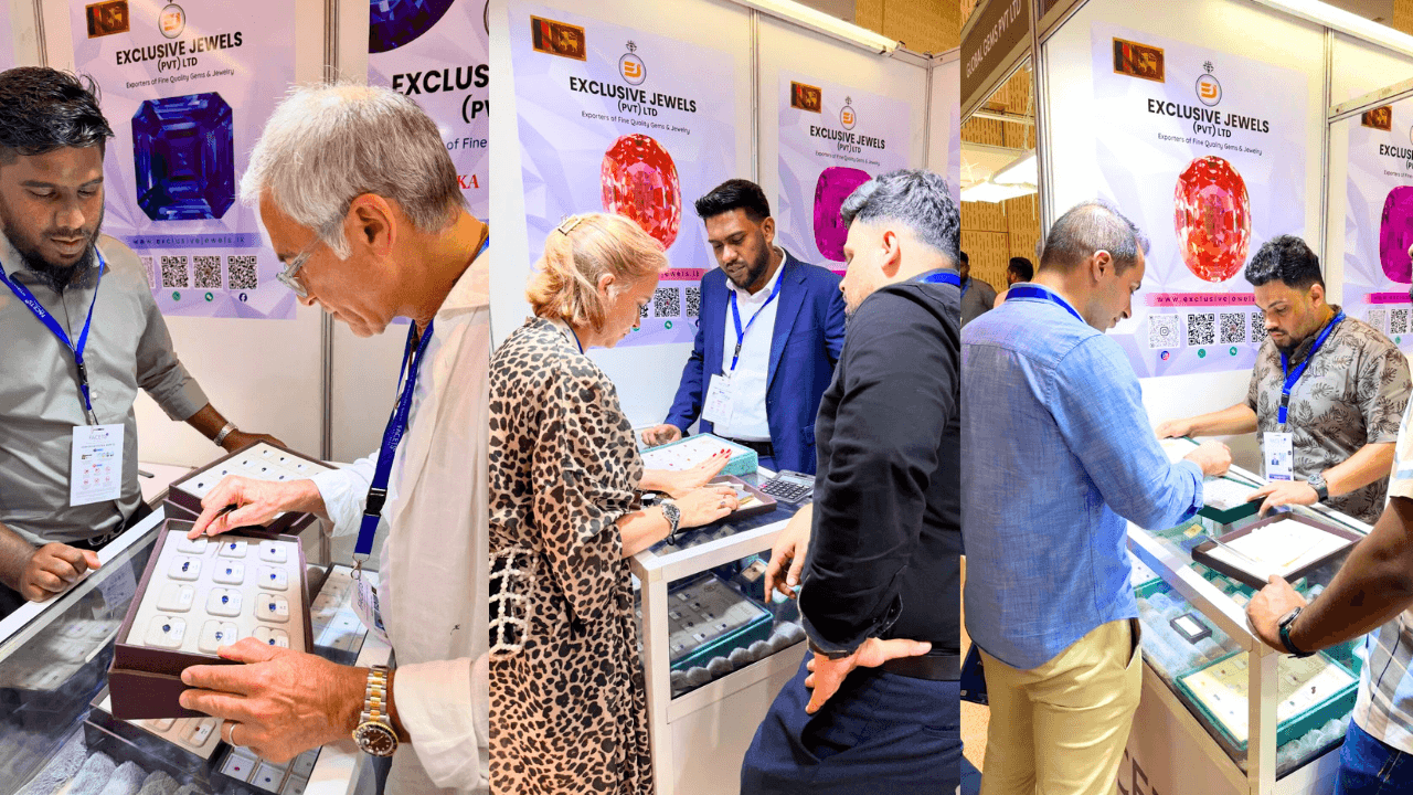 International buyers examining gems placed on a tray at Facets Gem & Jewellery Show in Sri Lanka.