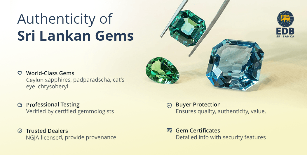 Close-up of authentic Sri Lankan gems including sapphires, padparadscha, and cat’s eye chrysoberyl, certified for quality and authenticity