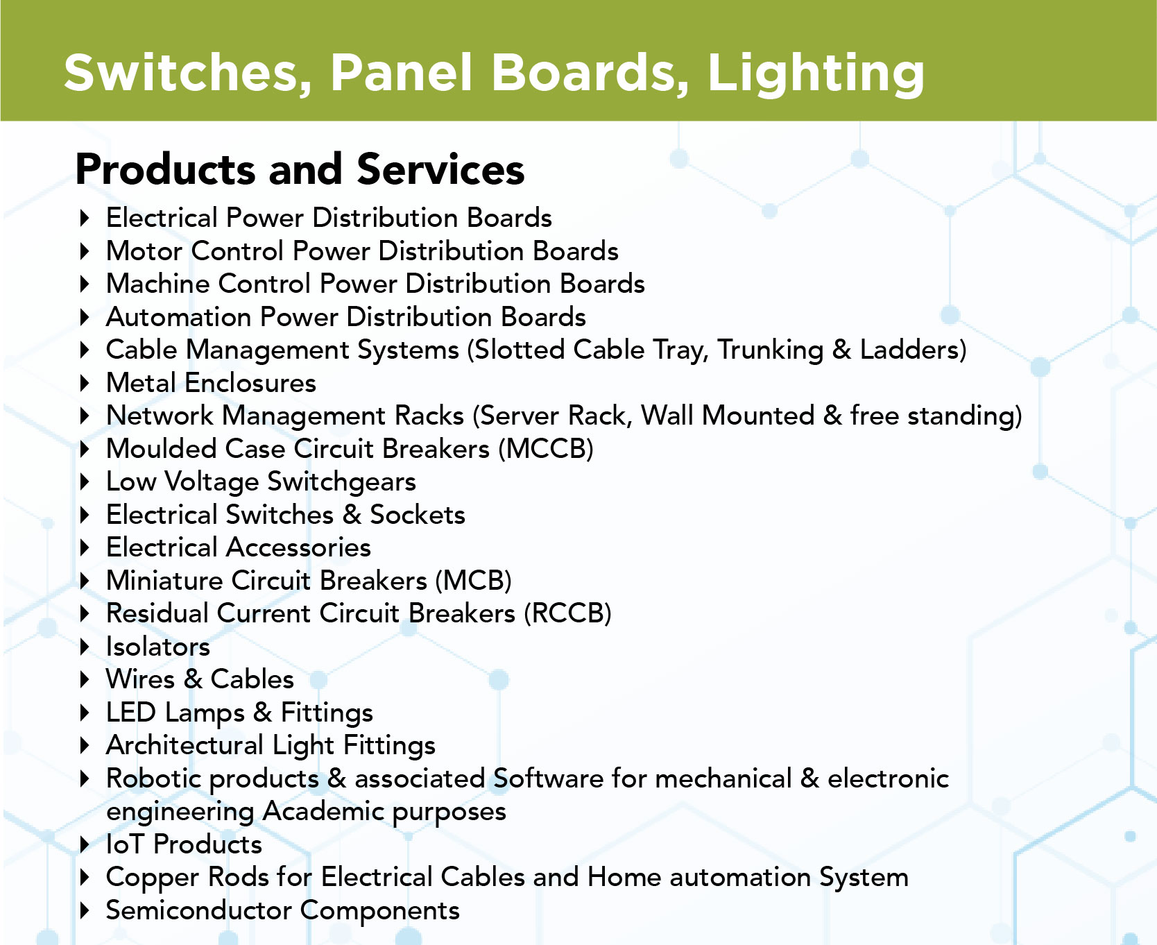 Switches, Panel Boards, Lighting
