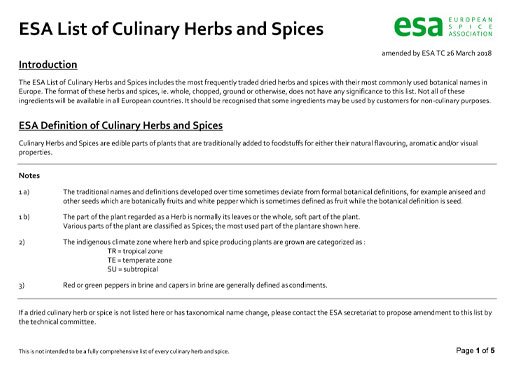 ESA List of Culinary Herbs and Spices