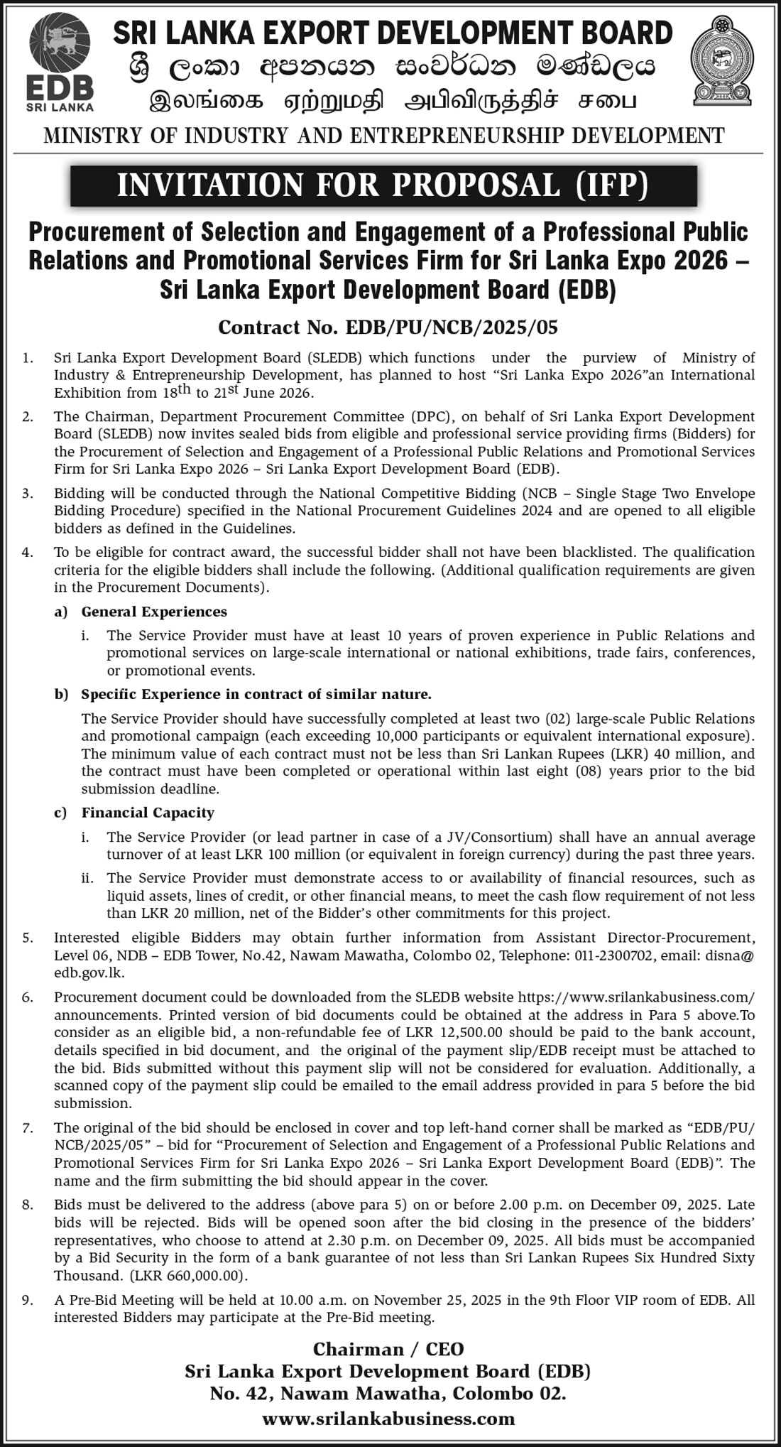 INVITATION FOR PROPOSAL (IFP) - Procurement of Selection and Engagement of a Professional Public Relations and Promotional Services Firm for Sri Lanka Expo 2026