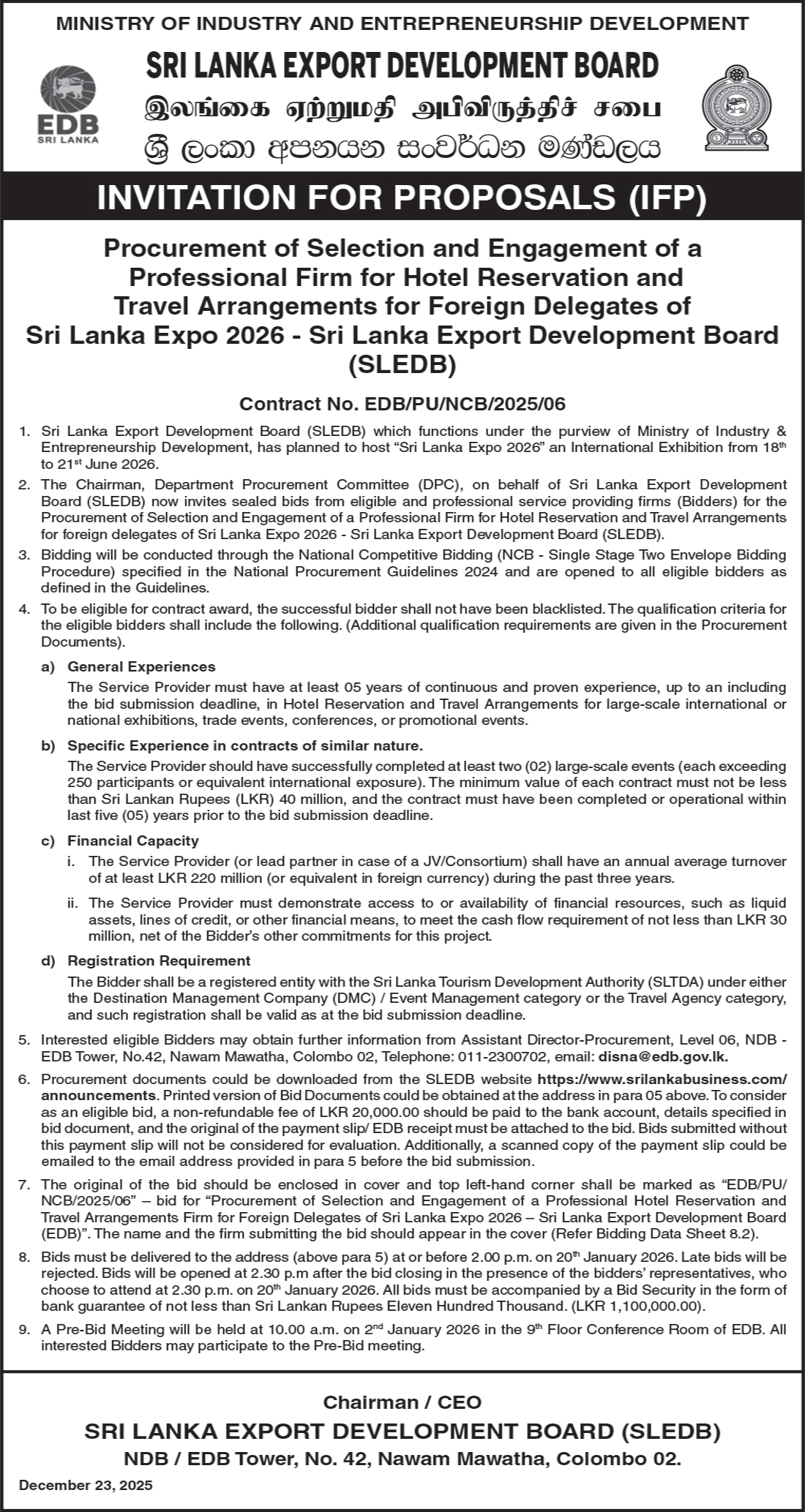 INVITATION FOR PROPOSAL (IFP) - Procurement of Selection and Engagement of a Professional Firm for Hotel Reservation and Travel Arrangements for Foreign Delegates Sri Lanka Expo 2026