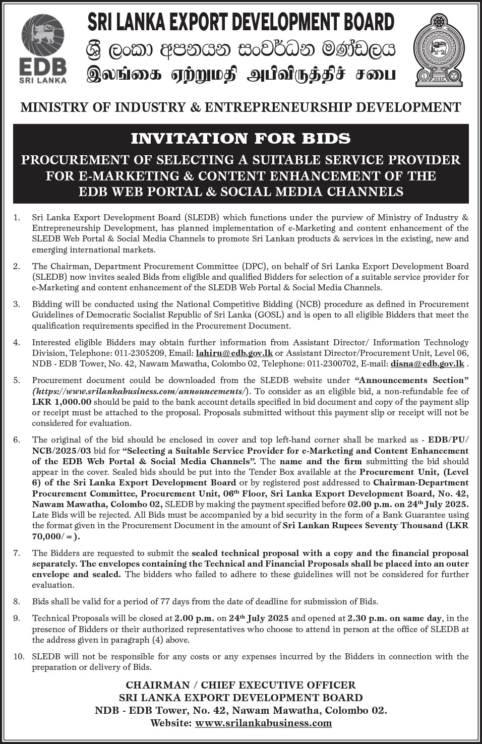 INVITATION FOR BIDS - Procurement of Selecting a Suitable Service Provider for E-Marketing & Content Enhancement of the EDB Web Portal & Social Media Channels