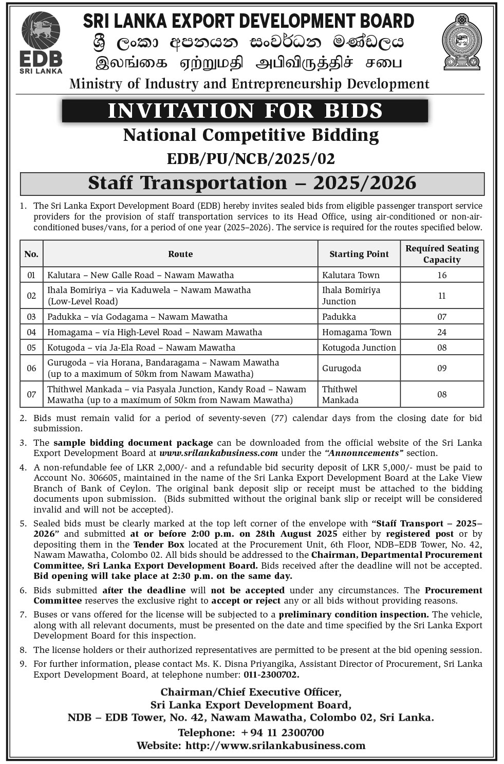 Invitation For Bids : Staff Transportation - 2025/2026
