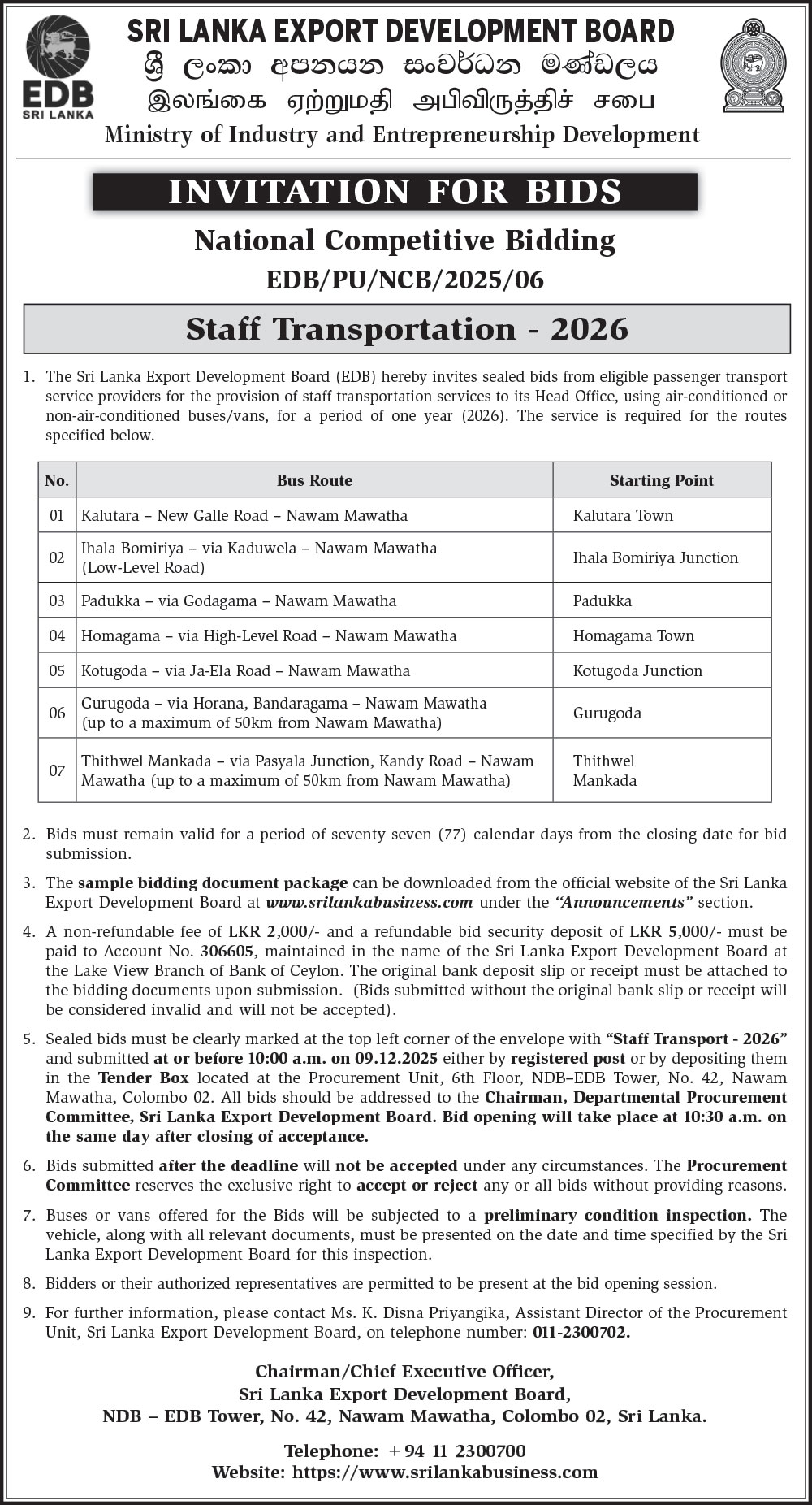 Invitation For Bids : Staff Transportation - 2026