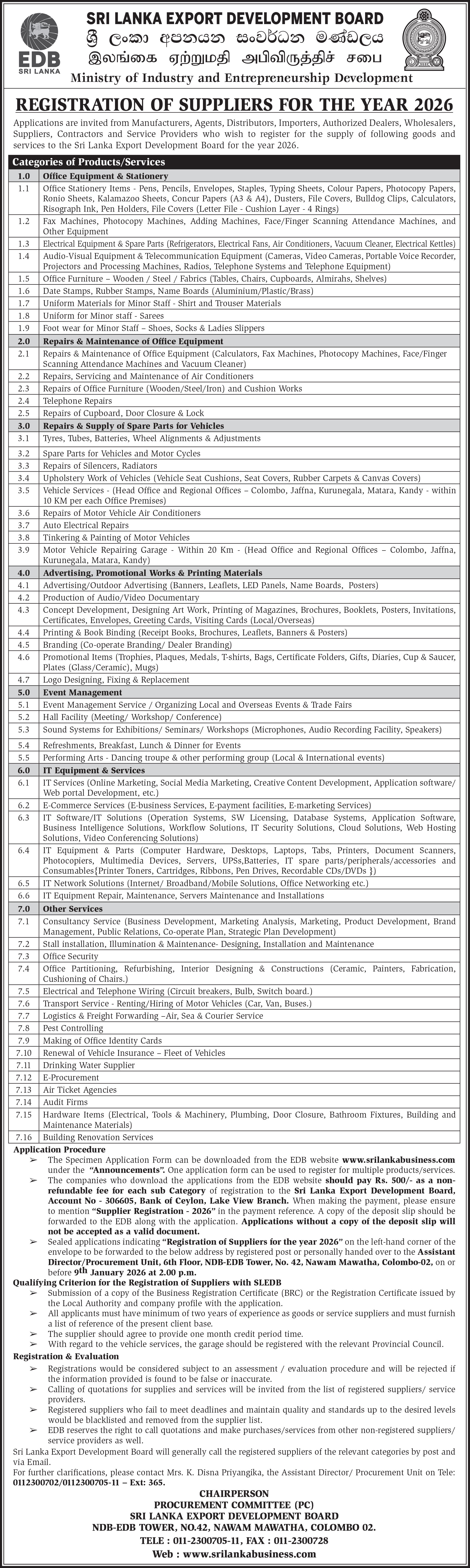 Registration of Suppliers for The Year 2026