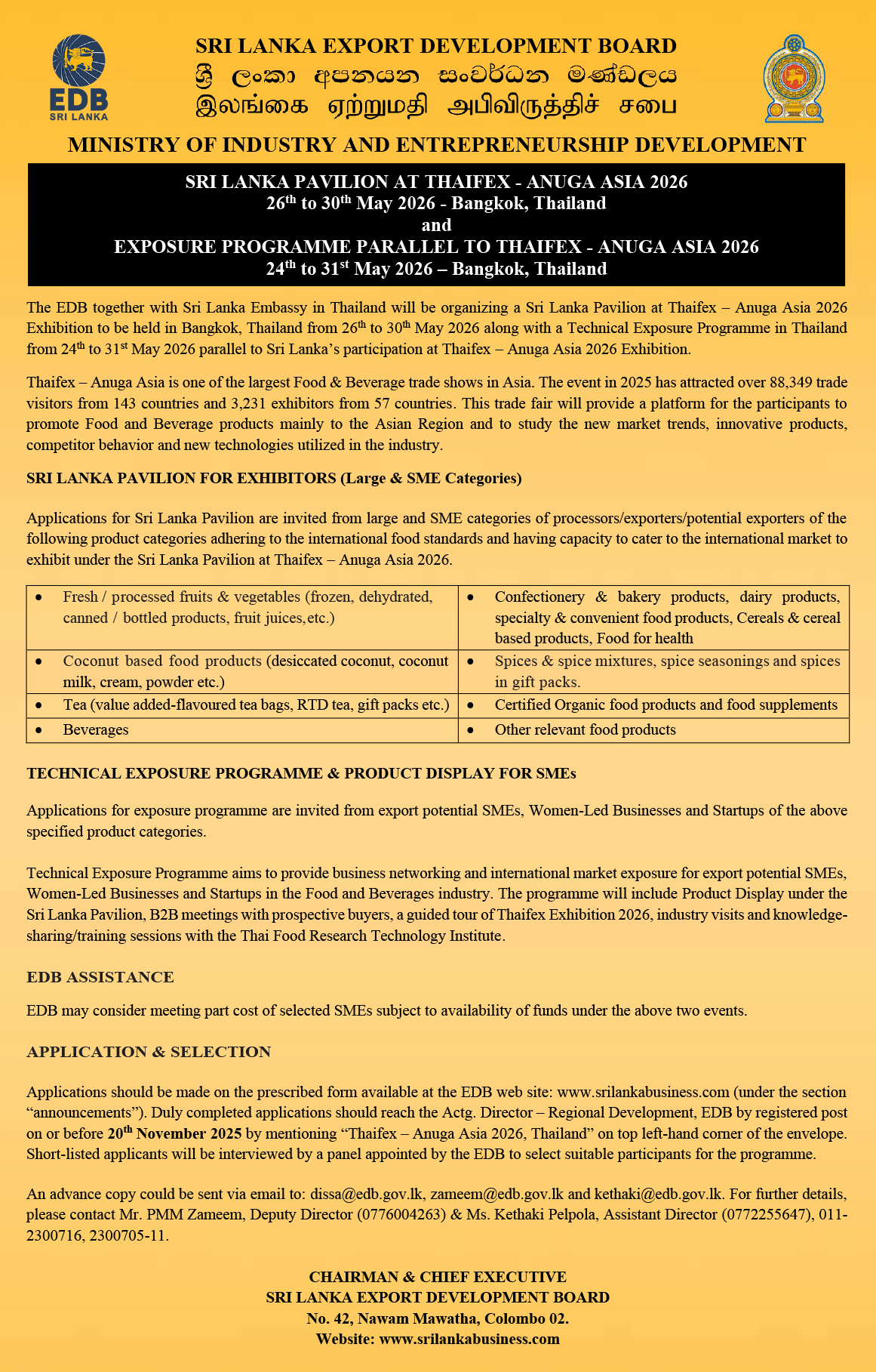 Sri Lanka Pavilion and Exposure Programme at Thaifex - Anuga Asia 2026