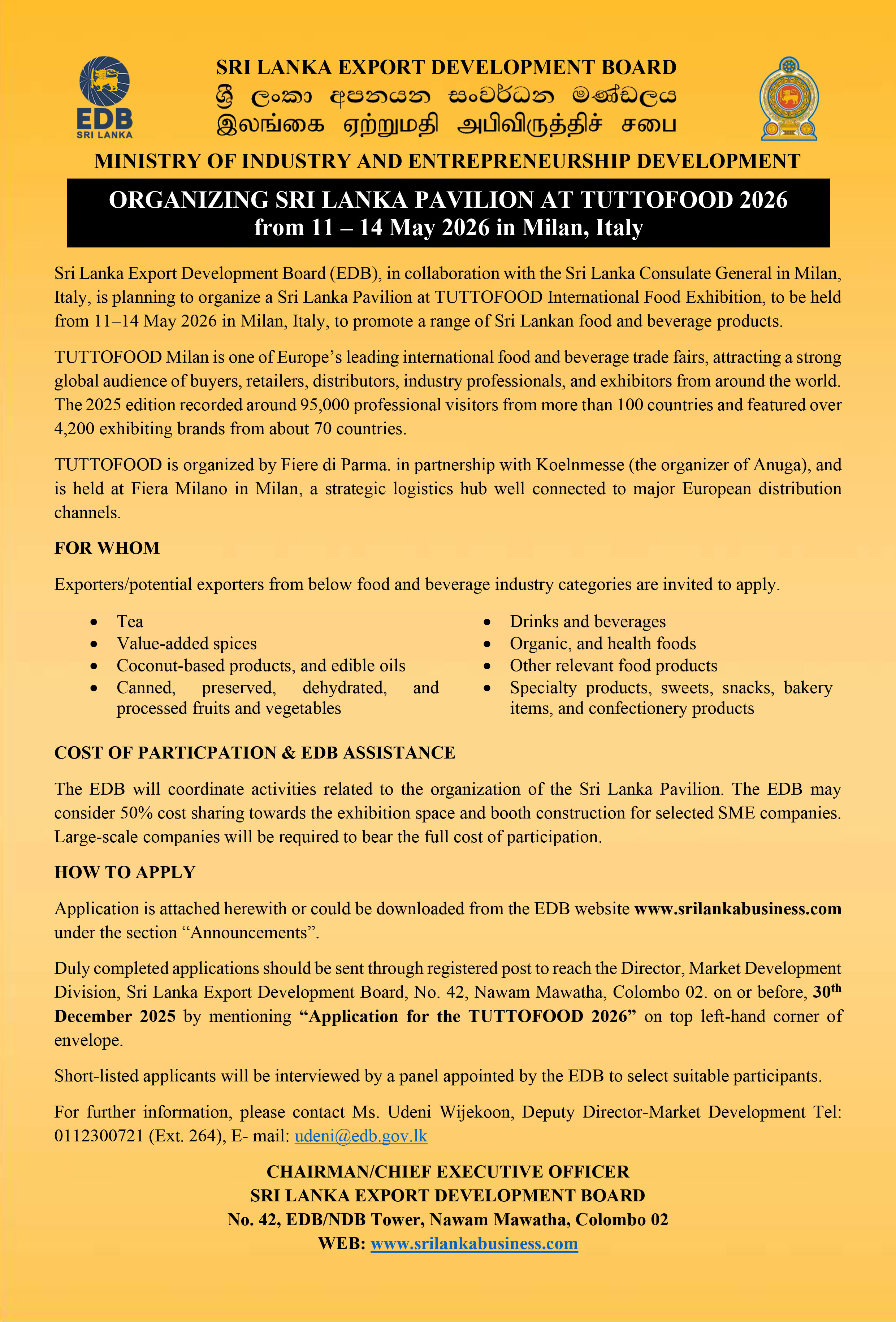 Organizing Sri Lanka Pavilion At TUTTOFOOD 2026 Italy