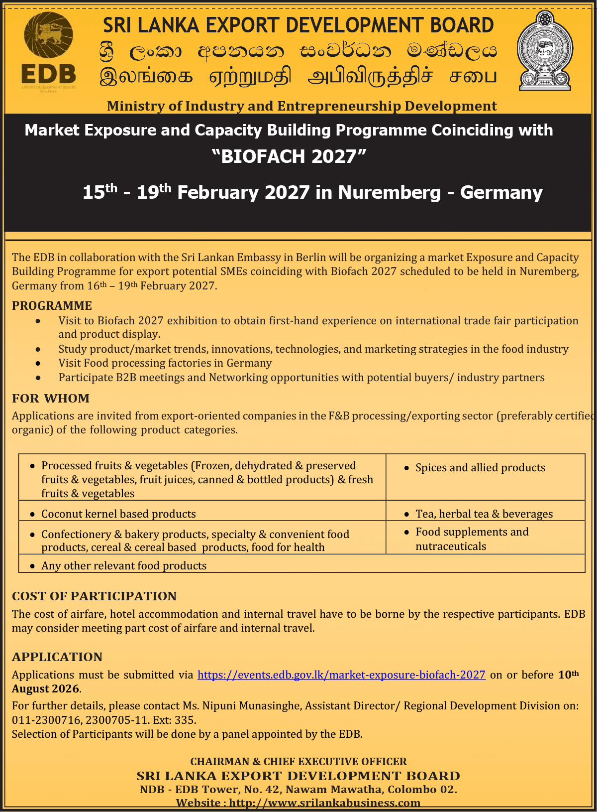 Market Exposure and Capacity Building Programme Coinciding with BIOFACH 2027 Nuremberg, Germany