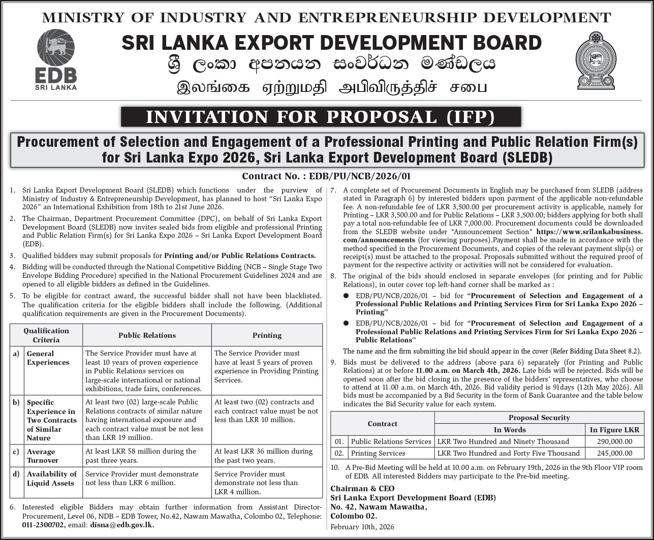 Procurement of Selection and Engagement of a Professional Printing and Public Relation Firms for Sri Lanka Expo 2026