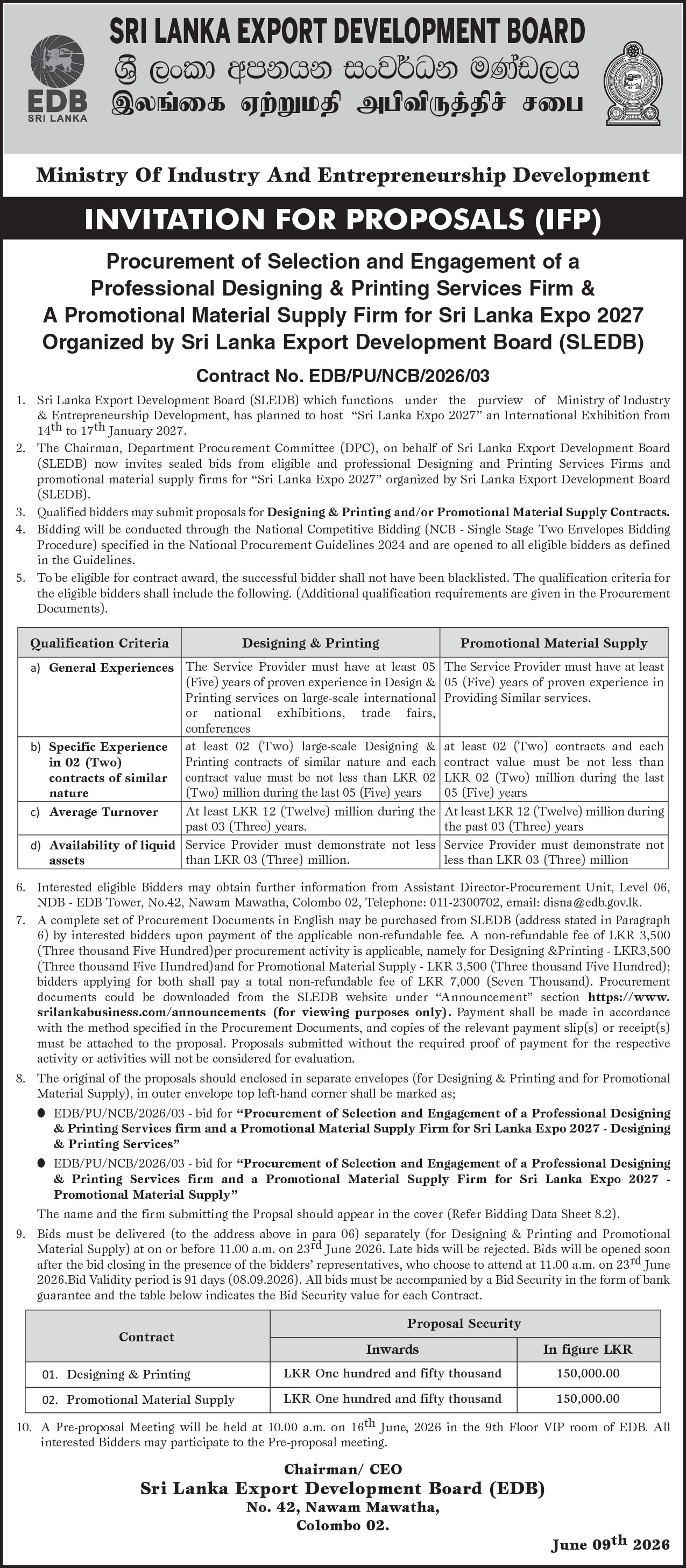 INVITATION FOR PROPOSAL (IFP) - Procurement of Selection and Engagement of a Professional Designing & Printing Services Firm & A Promotional Material Supply Firm for Sri Lanka Expo 2027