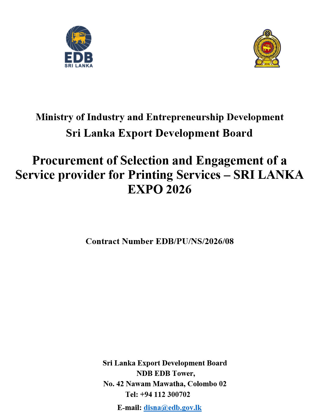 Procurement of Selection and Engagement of a Service provider for Printing Services &ndash; SRI LANKA EXPO 2026