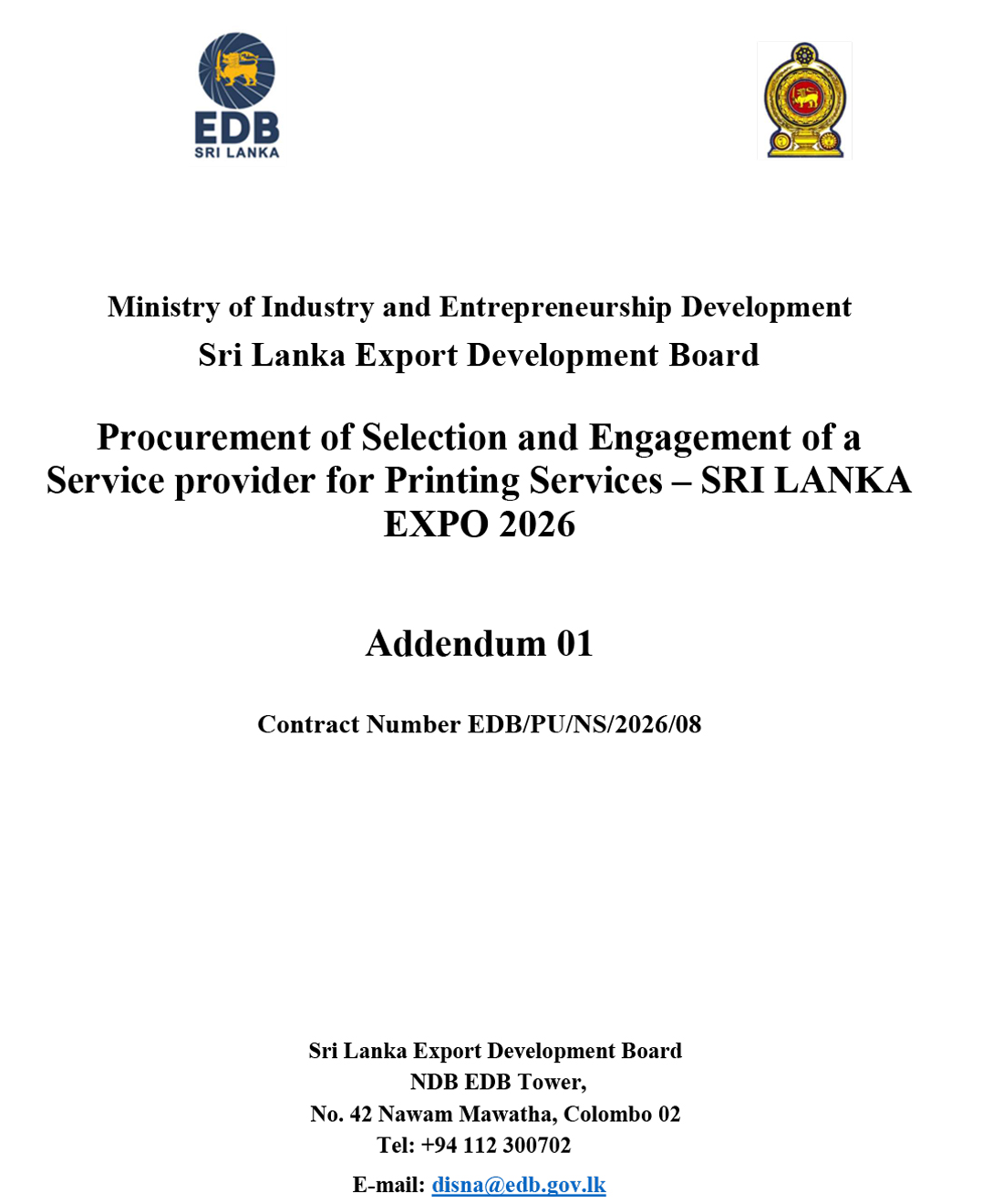 Procurement of Selection and Engagement of a Service provider for Printing Services &ndash; SRI LANKA EXPO 2026