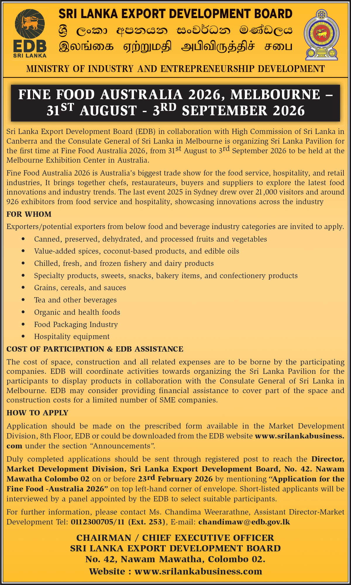 Organizing Sri Lanka Pavilion At Fine Food Australia 2026 Melbourne