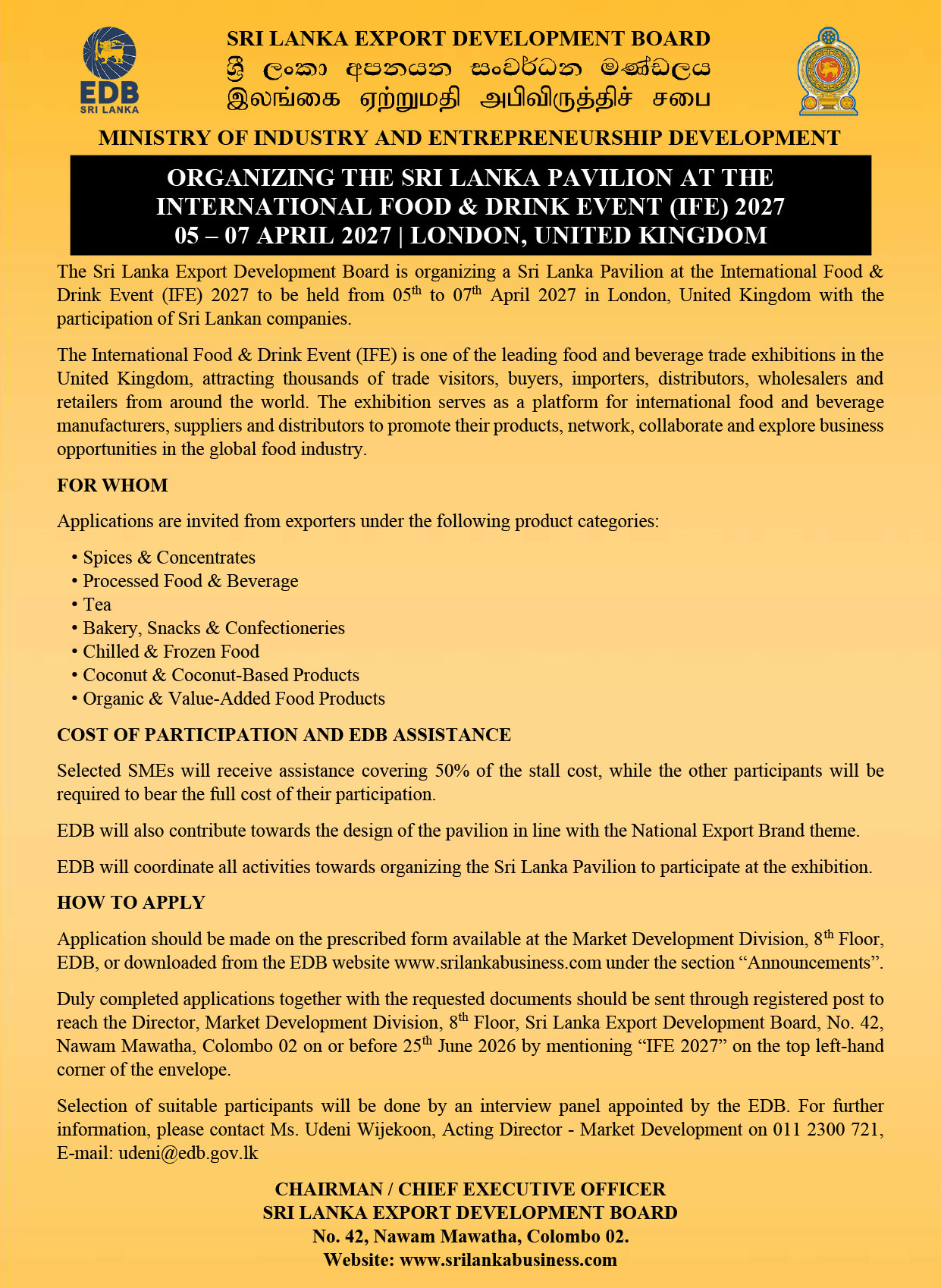 Organizing The Sri Lanka Pavilion At The International Food & Drink Event (IFE) 2027