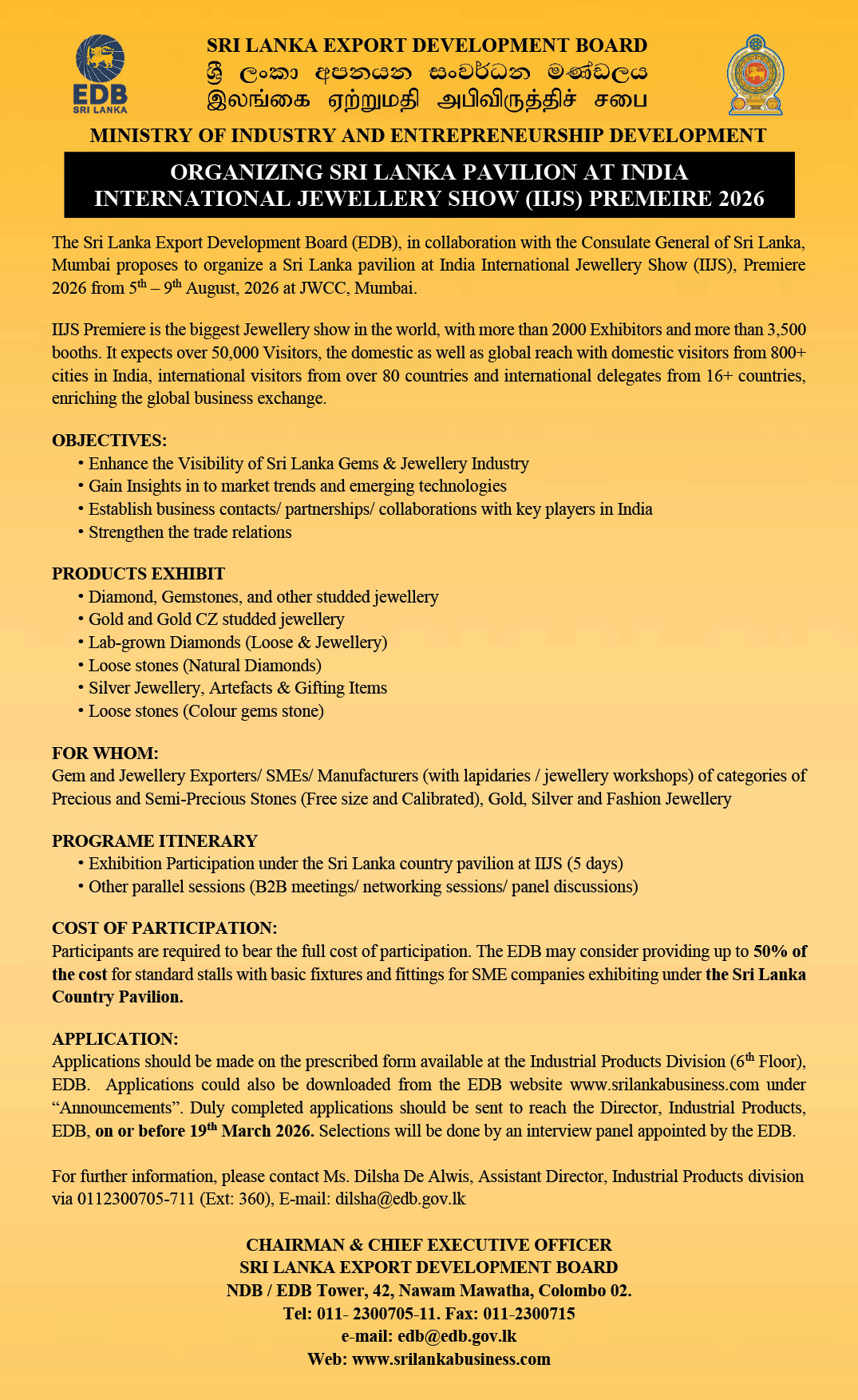 Organizing Sri Lanka Pavilion at India International Jewellery Show (IIJS) Premeire 2026