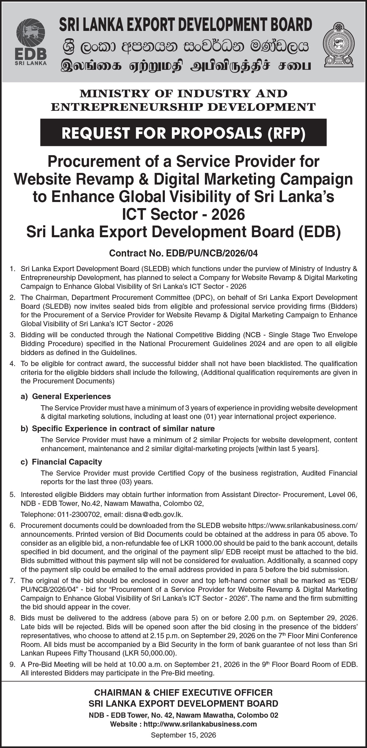 Procurement of a Service Provider for Website Revamp & Digital Marketing Campaign to Enhance Global Visibility of Sri Lanka&rsquo;s ICT Sector - 2026