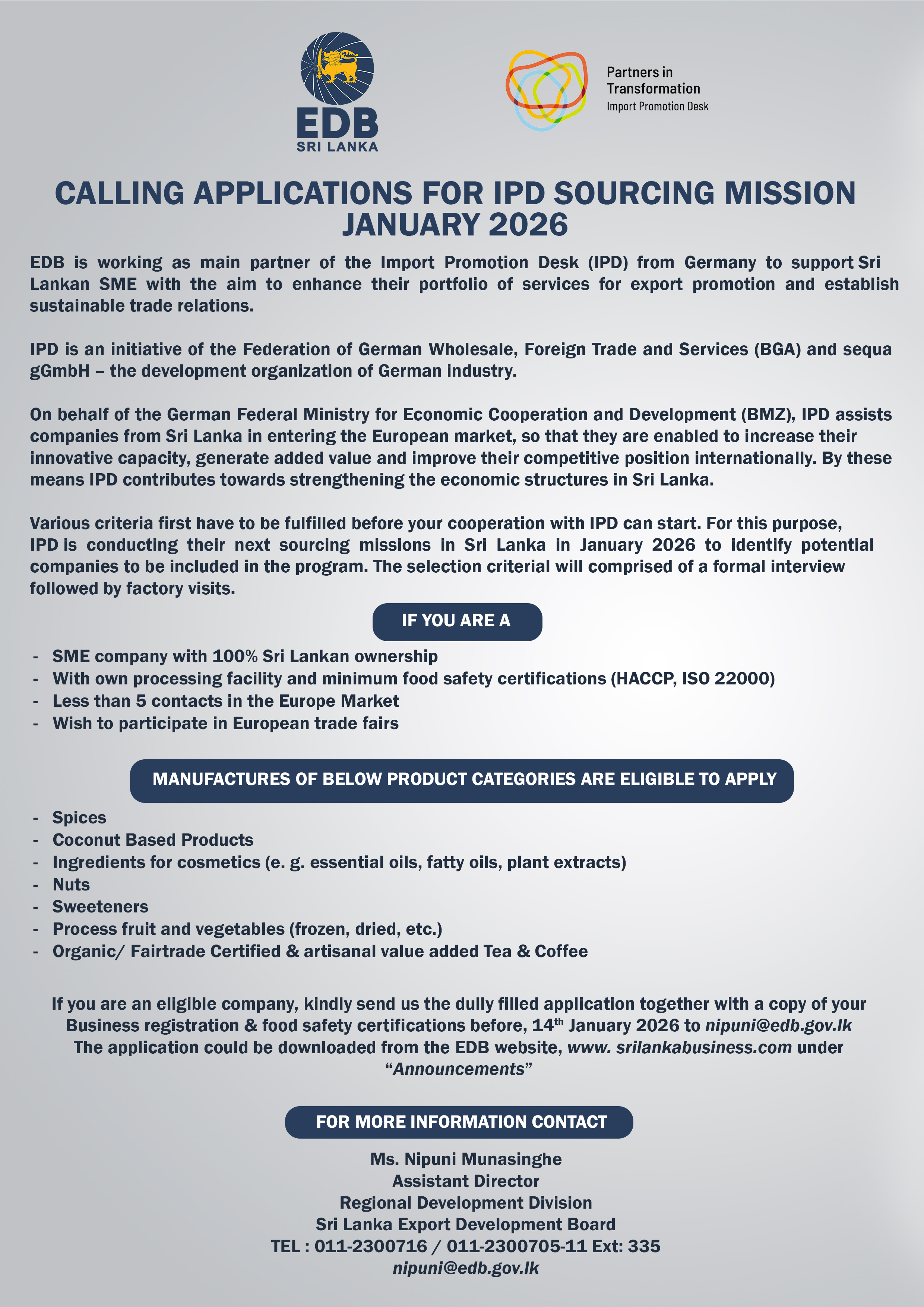 Calling applications for IPD sourcing mission - January 2026