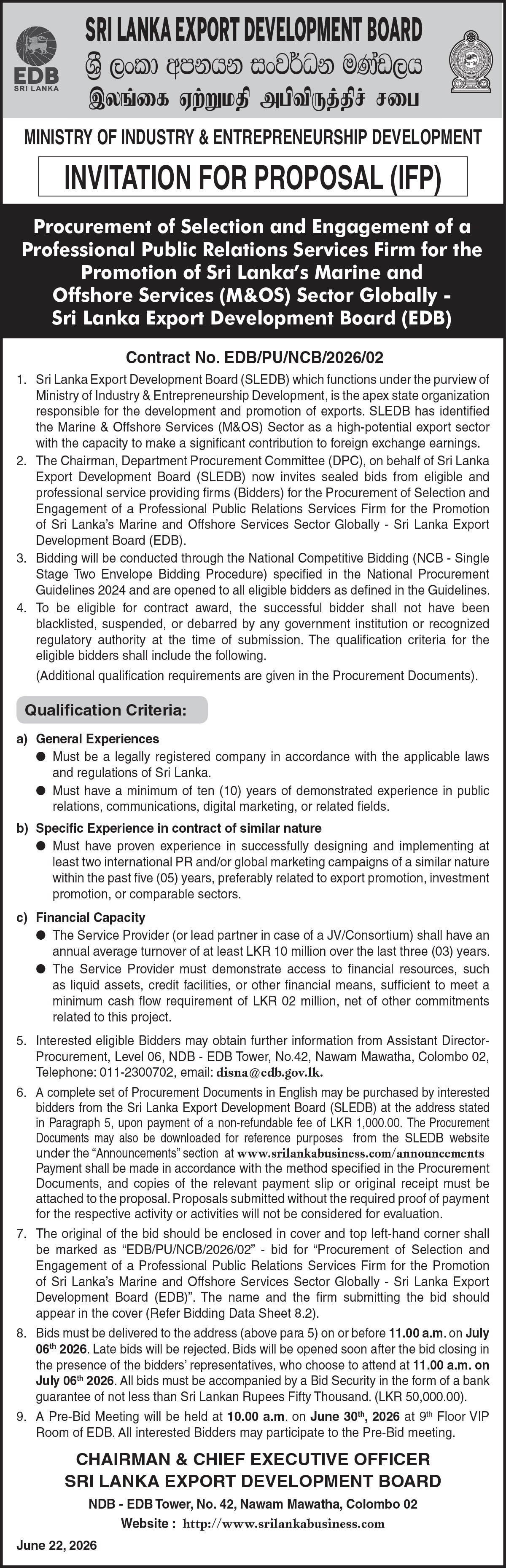 INVITATION FOR PROPOSAL (IFP) Procurement of Selection and Engagement of a Professional Public Relations Services Firm for the Promotion of Sri Lanka&rsquo;s Marine and Offshore Services (M&OS) Sector Globally