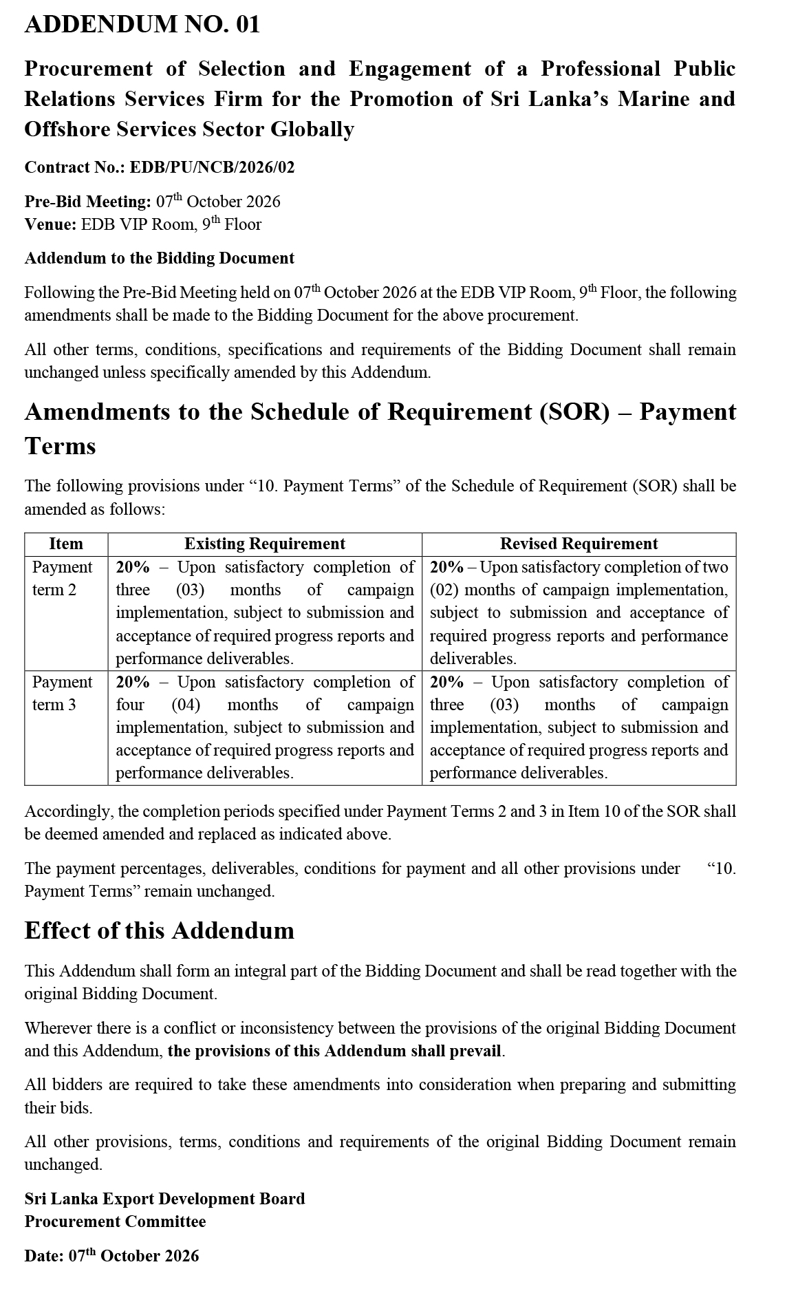 ADDENDUM 01 - Procurement of Selection and Engagement of a Professional Public Relations Services Firm for the Promotion of Sri Lanka&rsquo;s Marine and Offshore Services Sector Globally