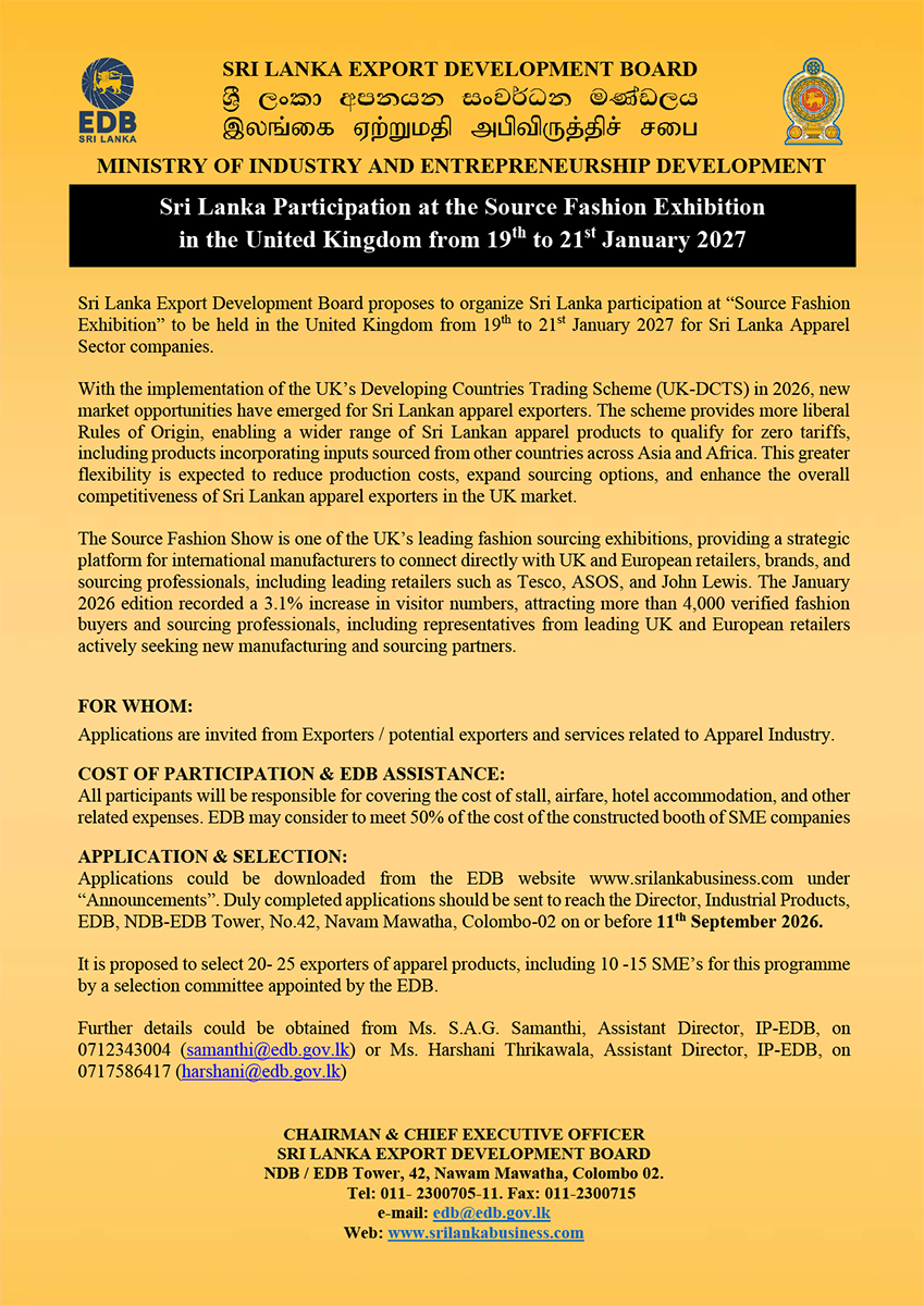 Sri Lanka Participation at Source Fashion Exhibition in the UK 19th to 21st January 2027