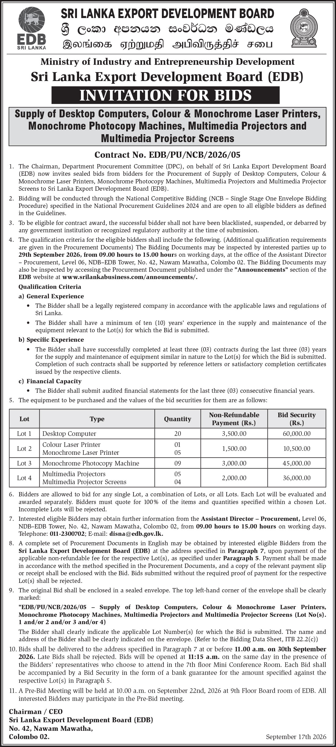INVITATION FOR BIDS - Supply of Desktop Computers, Colour & Monochrome Laser Printers, Monochrome Photocopy Machines, Multimedia Projectors and Multimedia Projector Screens