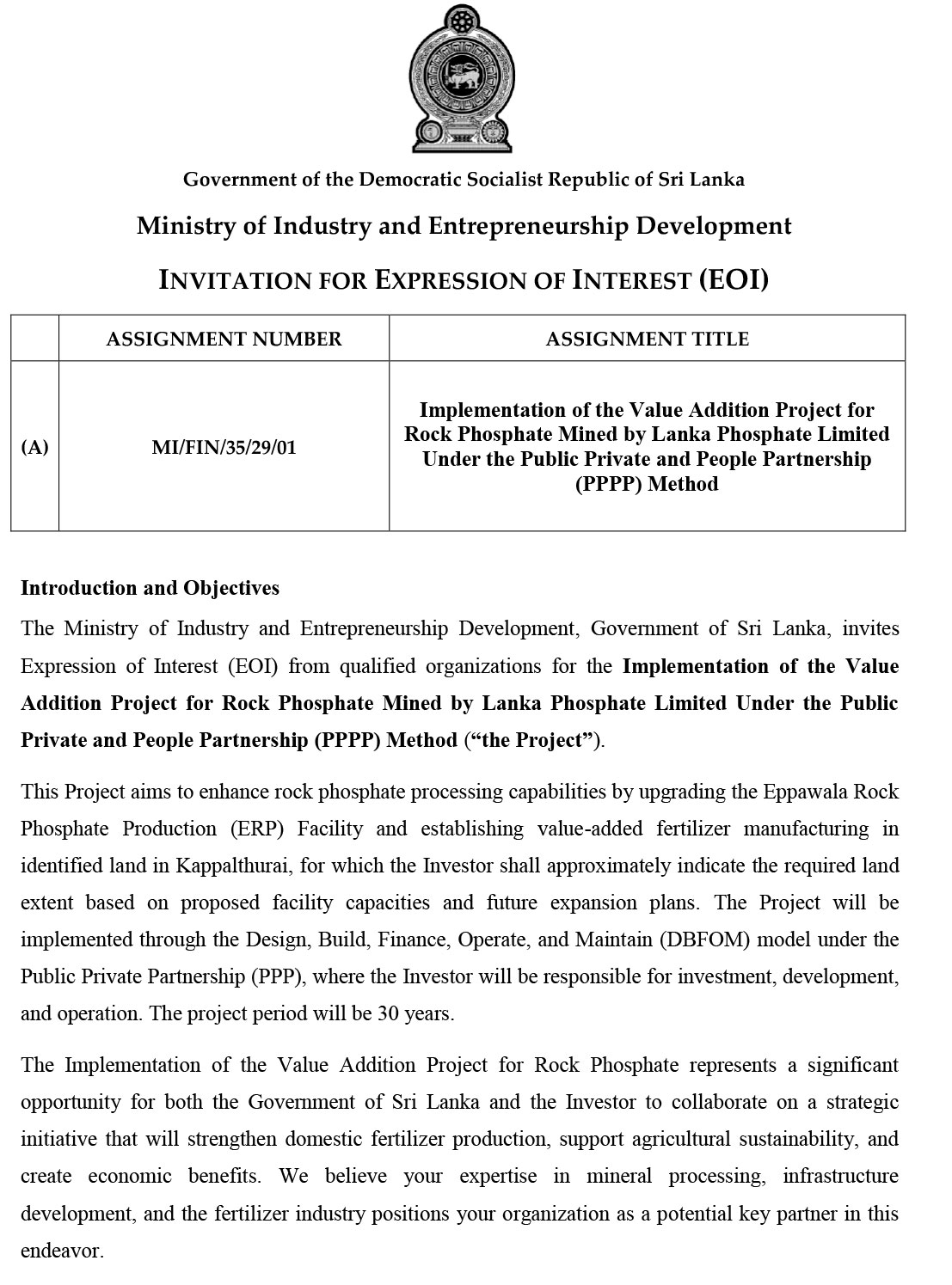 INVITATION FOR EXPRESSION OF INTEREST